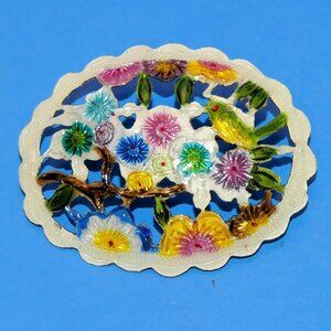 Vintage Colorful Bird & Flowers Brooch Pin Sterling Antique Enamel 99 Silver
